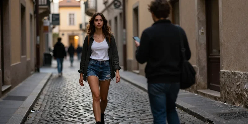 A young woman walking down a vibrant European cobblestone alley at dusk, feeling watched, silhouette of a person holding