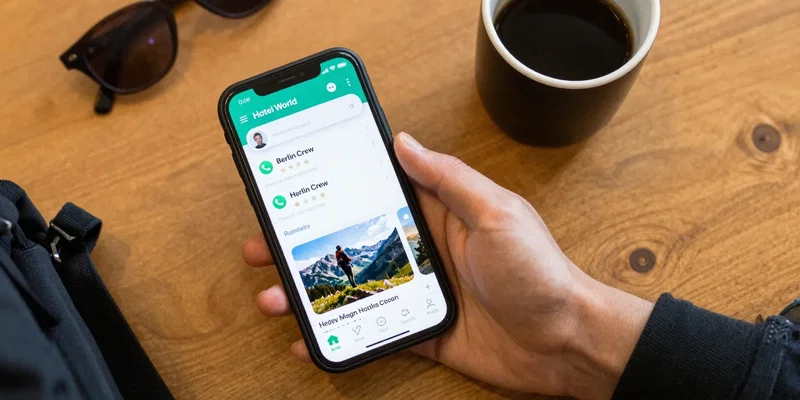 From above: A backpacker's phone screen showing a hostel world app review, a WhatsApp group chat named 'Berlin Crew'