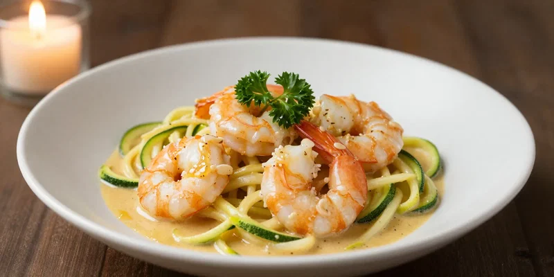Shrimp scampi in a white bowl, plump garlic shrimp in a golden butter and white wine sauce, over a bed of zucchini noodles