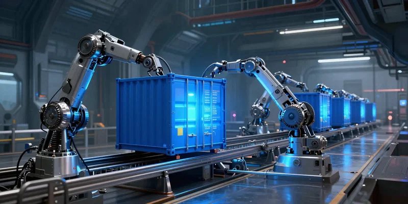 A futuristic robotic assembly line putting together glowing blue shipping containers, industrial sci-fi aesthetic