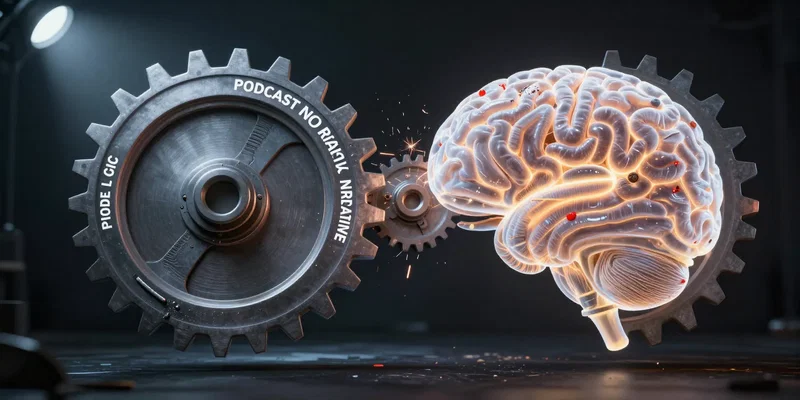 Visual metaphor: A glowing, semi-transparent human brain stuck between two gears, one labeled 'CODE LOGIC' the other