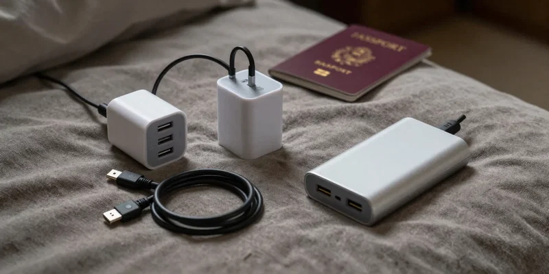 Flat lay photography on a rustic hostel bedspread, a universal travel adapter with multiple USB-C ports, a compact 65W GaN