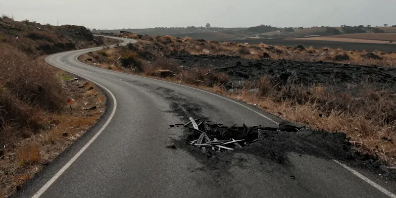 A visual metaphor: a long, winding road representing a career path, but a section in the middle is charred, broken