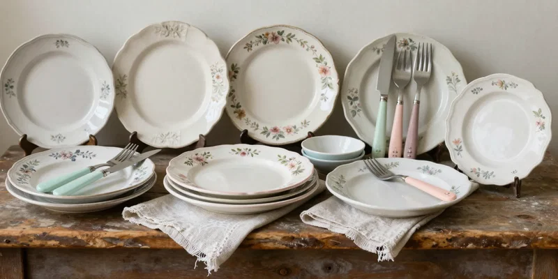 An eclectic collection of vintage floral plates, pastel-colored cutlery, linen napkins piled artfully on a worn wooden