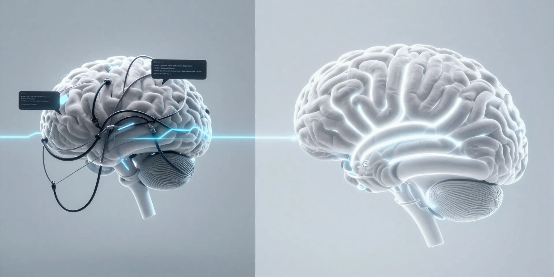 A split-screen image. Left side: abstract visual of a cluttered, foggy brain with tangled wires and error messages. Right