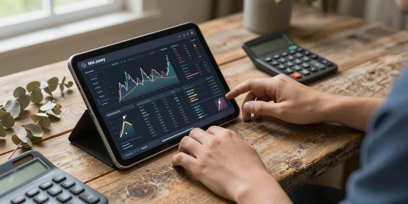 Close-up of a rustic wooden desk, hands typing on an iPad showing a modern financial dashboard, surrounded by dried