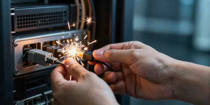 An extreme close-up of hands deliberately unplugging a complex, glowing server rack. Sparks fly. The background is a blur