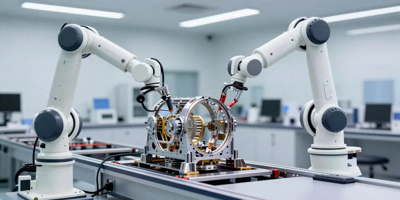 An assembly line of sleek robot arms meticulously building an intricate mechanical envelope, laboratory setting, industrial