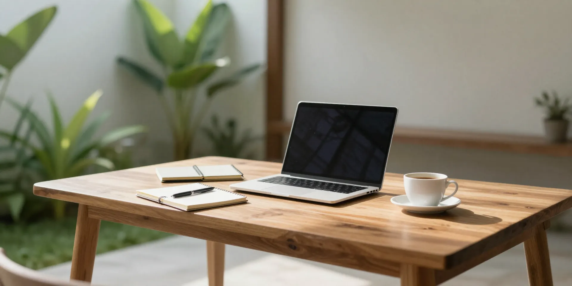 A serene, sun-drenched minimalist workspace in a Bali villa, wooden desk with laptop, notebook, pen, and a single cup