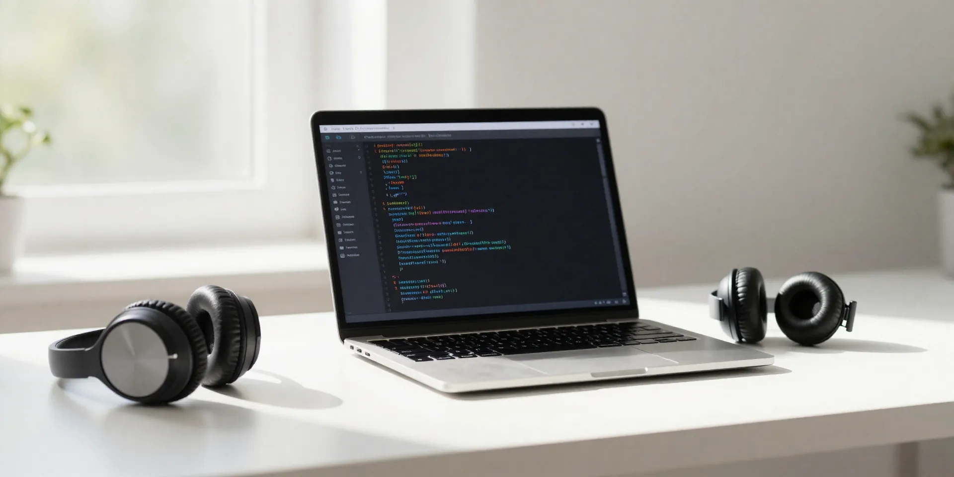 A serene, minimalist home office setup. A laptop with pristine, clear code on the screen. Noise-cancelling headphones placed