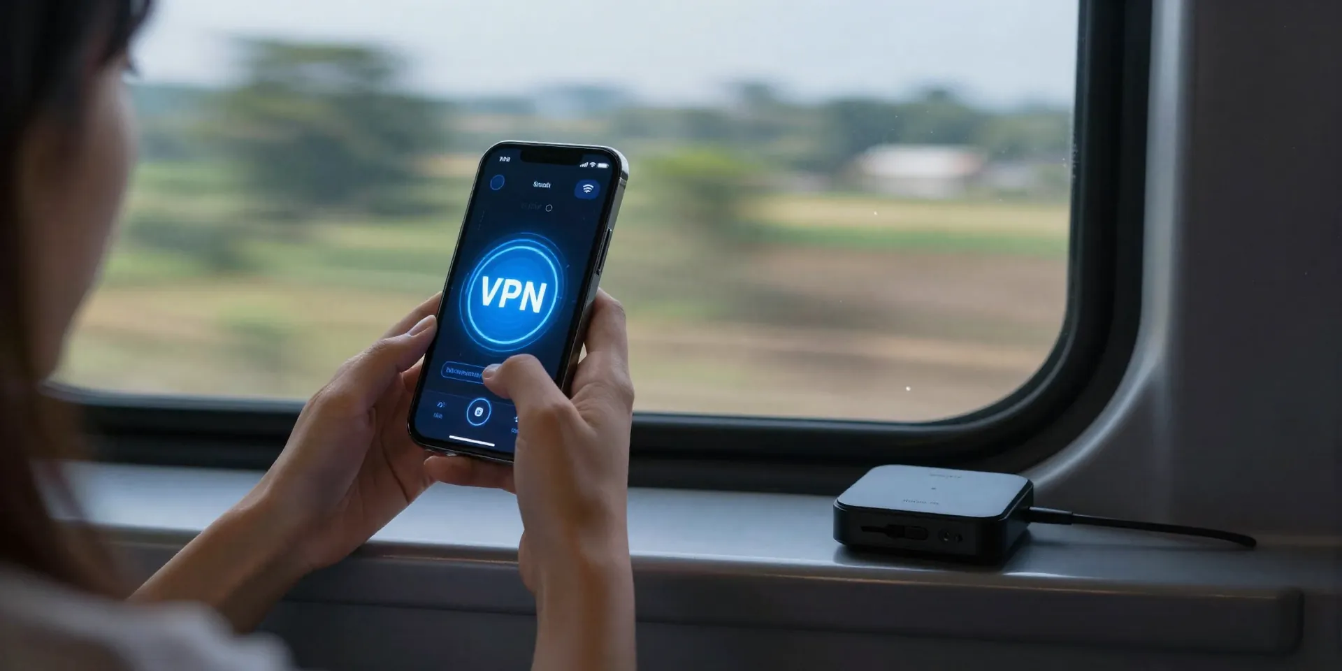 Dynamic shot from a train window, a woman's hand holding a smartphone showing a strong VPN connection icon, a personal WiFi