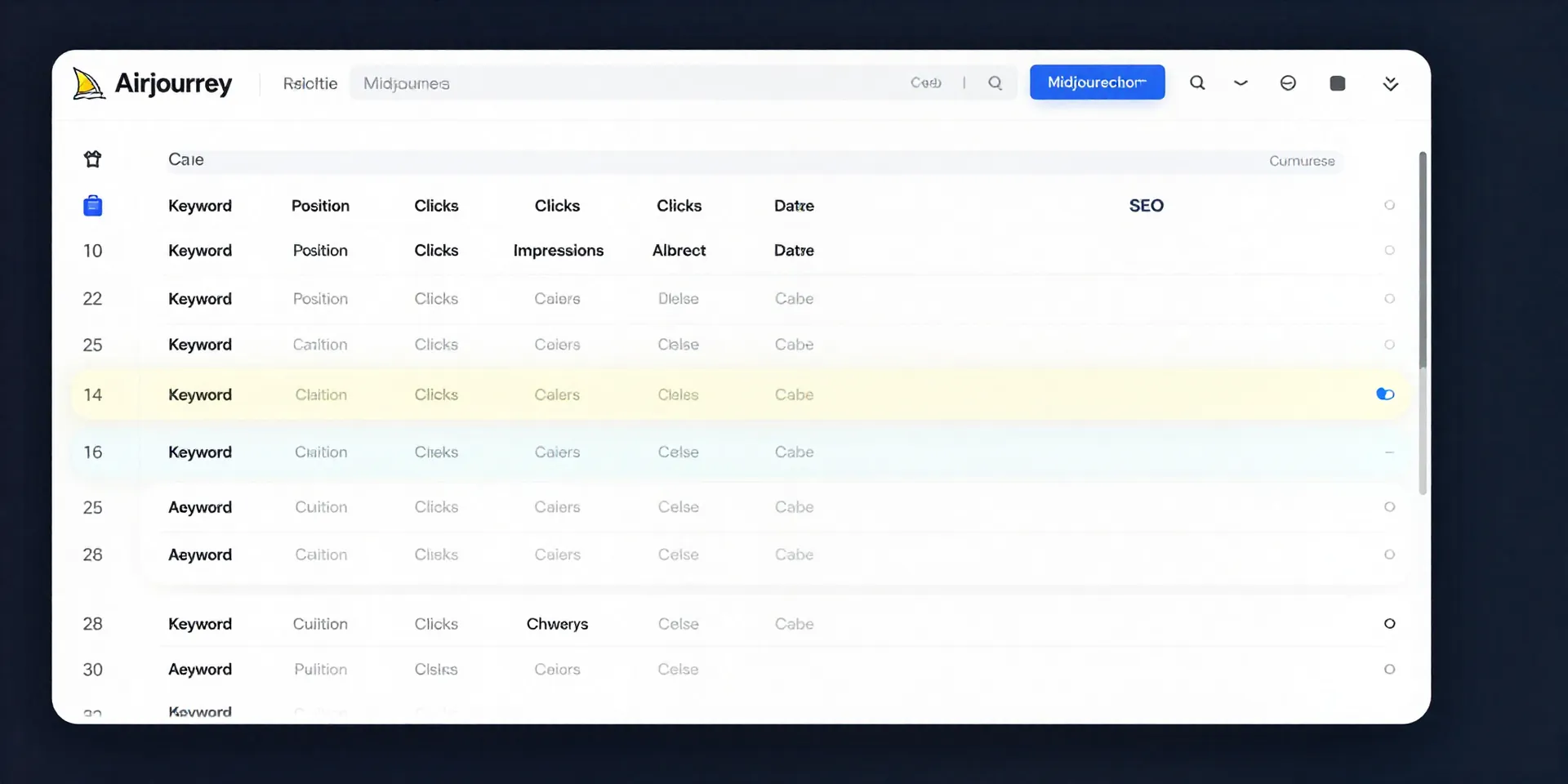 A bird's-eye view of an Airtable base for SEO. Clear columns for Keyword, Position, Clicks, Impressions, Date. One row