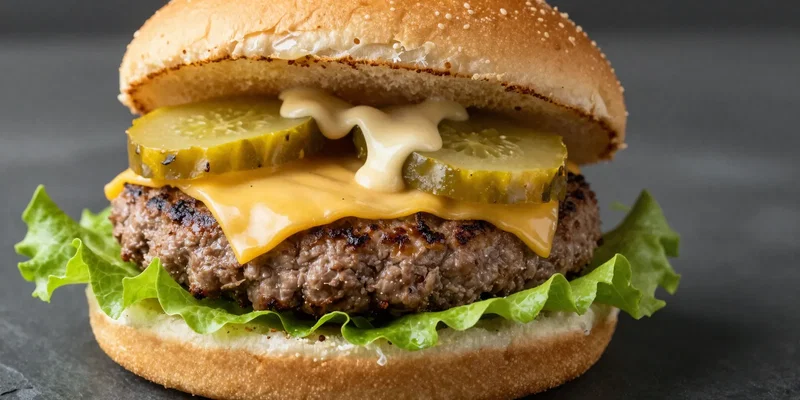 Close-up, mouthwatering shot of a juicy beef patty with melted cheese, crisp lettuce, pickles, and special sauce, all