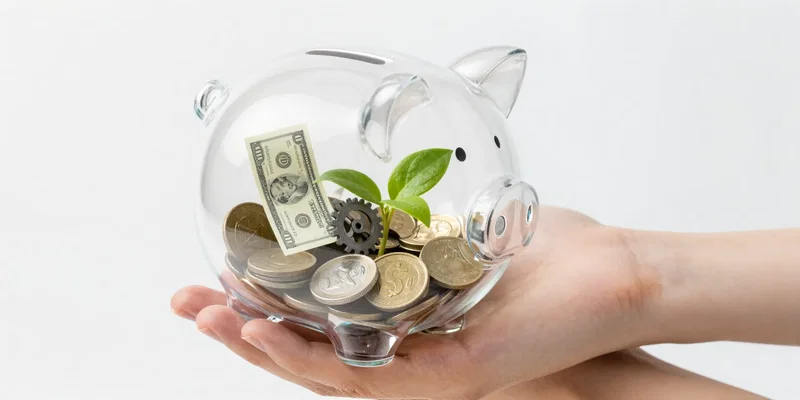 Close-up shot of a hand holding a transparent piggy bank, but inside are not coins, but miniature symbols of cost: a tiny