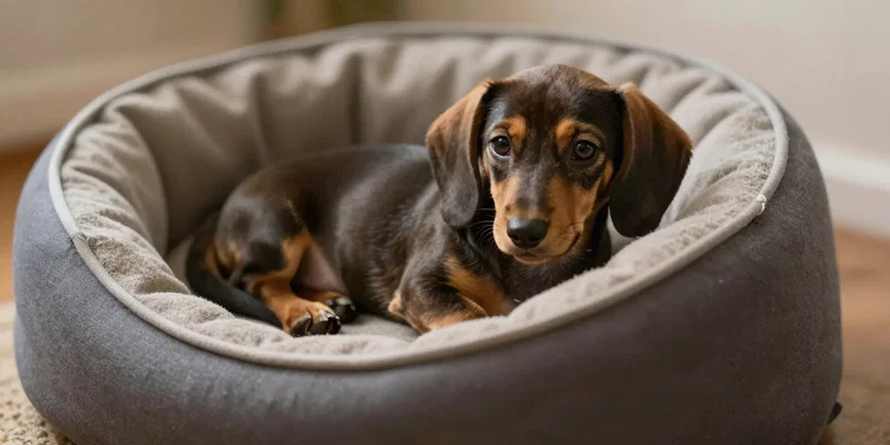 A tiny Dachshund puppy curled up in a cozy dog bed looking slightly uncomfortable, indoor lighting
