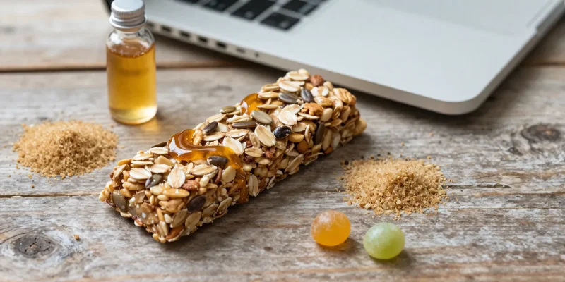 A perfectly staged, hero-shot style photograph of a granola bar unwrapped on a rustic wood desk beside a laptop. The bar