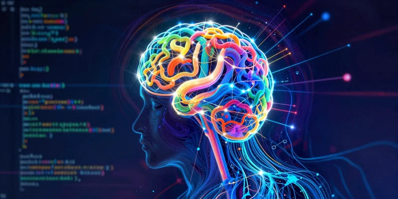 An abstract visualization of a developer's mind in flow state, neural networks lighting up, code streams flowing like