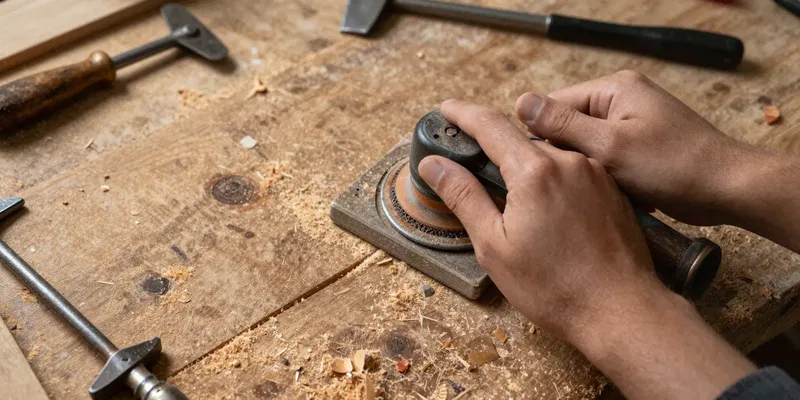 A workbench covered in sawdust, rough reclaimed wood being sanded with a hand sander, vintage tools scattered around