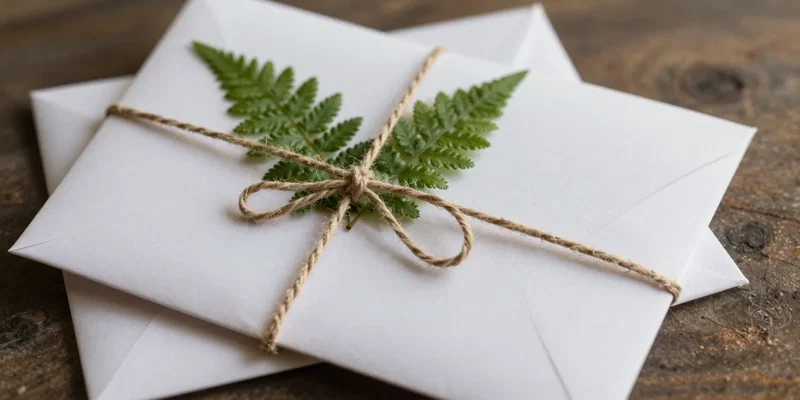 A stack of beautifully sealed wedding envelopes tied with rustic twine, a single pressed fern tucked under the string