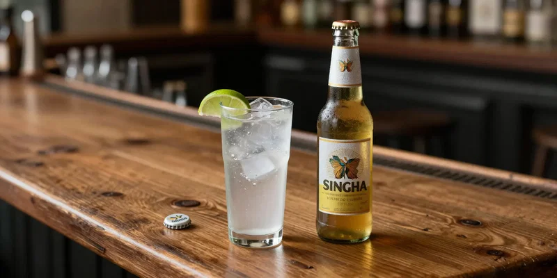 Rustic wooden bar, featuring a simple gin and tonic in a highball glass with lime, next to a bottle of local Singha beer