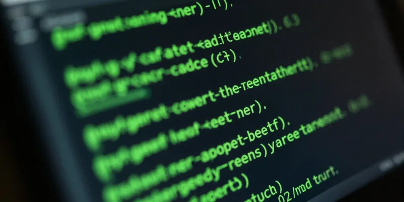 Glowing green terminal code on a dark screen, dynamic angle, tech noir style, command line, bokeh background