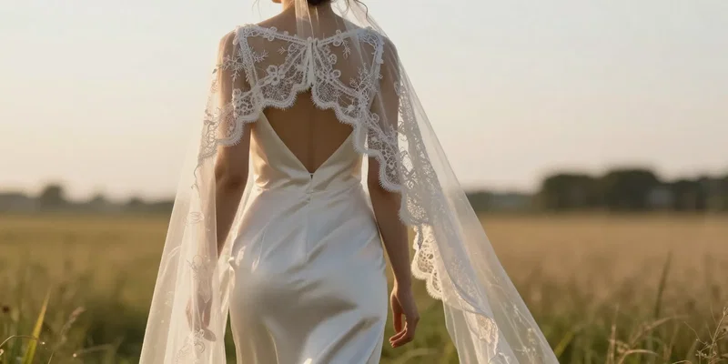 Back view of a bride outdoors walking through a field, wearing a minimalist silk dress with a sheer bridal cape made from