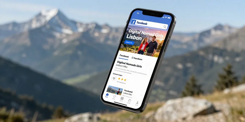 Smartphone screen floating in mid-air, showing a vibrant Facebook group event page for 'Digital Nomad Girls Lisbon Hike'